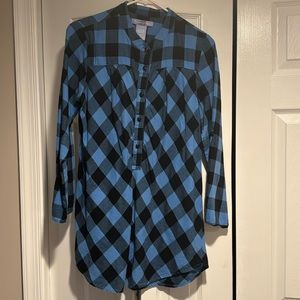 Light Powder Blue and Black Checked Checkered Tunic Shirt Medium Nursing